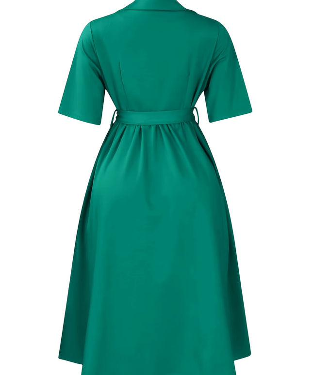 jkthpu-45 Women'S Plus Size Elegant Green Midi Dress with Fitted Waist and Short Sleeves - Perfect for Spring, Summer, and Fall, Casual Attire|Elegant Midi Dress|Polyester Fabri