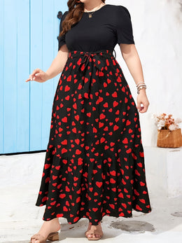 jkthpu-45 Women's Plus Size Elegant Heart Print Maxi Dress with Belt - Short Sleeve, High Waist, Ruffled Hem for Summer Parties & Vacations