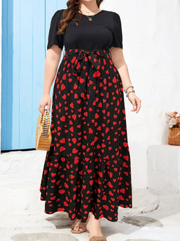 jkthpu-45 Women's Plus Size Elegant Heart Print Maxi Dress with Belt - Short Sleeve, High Waist, Ruffled Hem for Summer Parties & Vacations