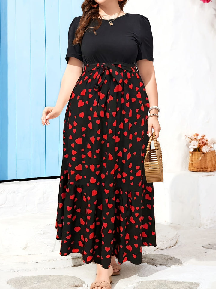 Women's Plus Size Elegant Heart Print Maxi Dress with Belt - Short Sleeve, High Waist, Ruffled Hem for Summer Parties & Vacations
