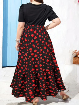 jkthpu-45 Women's Plus Size Elegant Heart Print Maxi Dress with Belt - Short Sleeve, High Waist, Ruffled Hem for Summer Parties & Vacations
