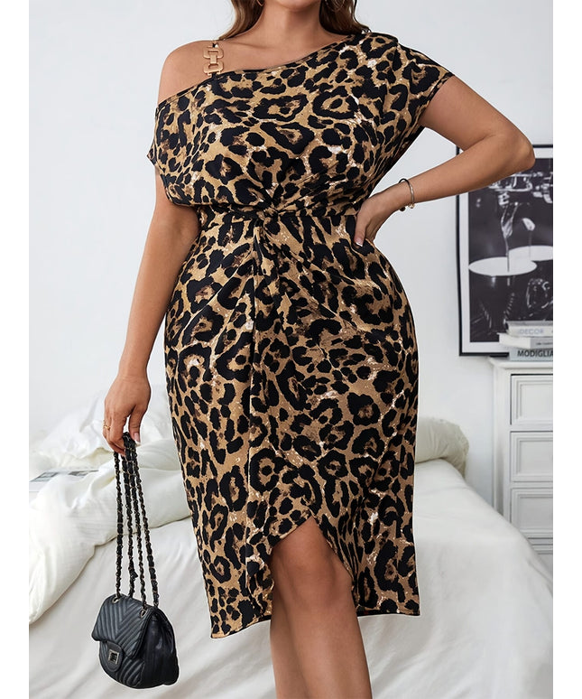 jkthpu-45 Women'S Plus Size Elegant Leopard Print Midi Dress, Asymmetrical One-Shoulder Pencil Dress with Button Detail, 100% Polyester, Non-Stretch Woven Fabric, Spring/Summer Fashion