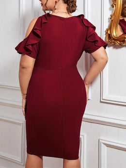 jkthpu-45 Women'S Plus Size Elegant Off-Shoulder Dress - Sexy & Stylish Pink Bodycon Midi with Ruffle Sleeves, Perfect for Evening Events, Plus Size Dress