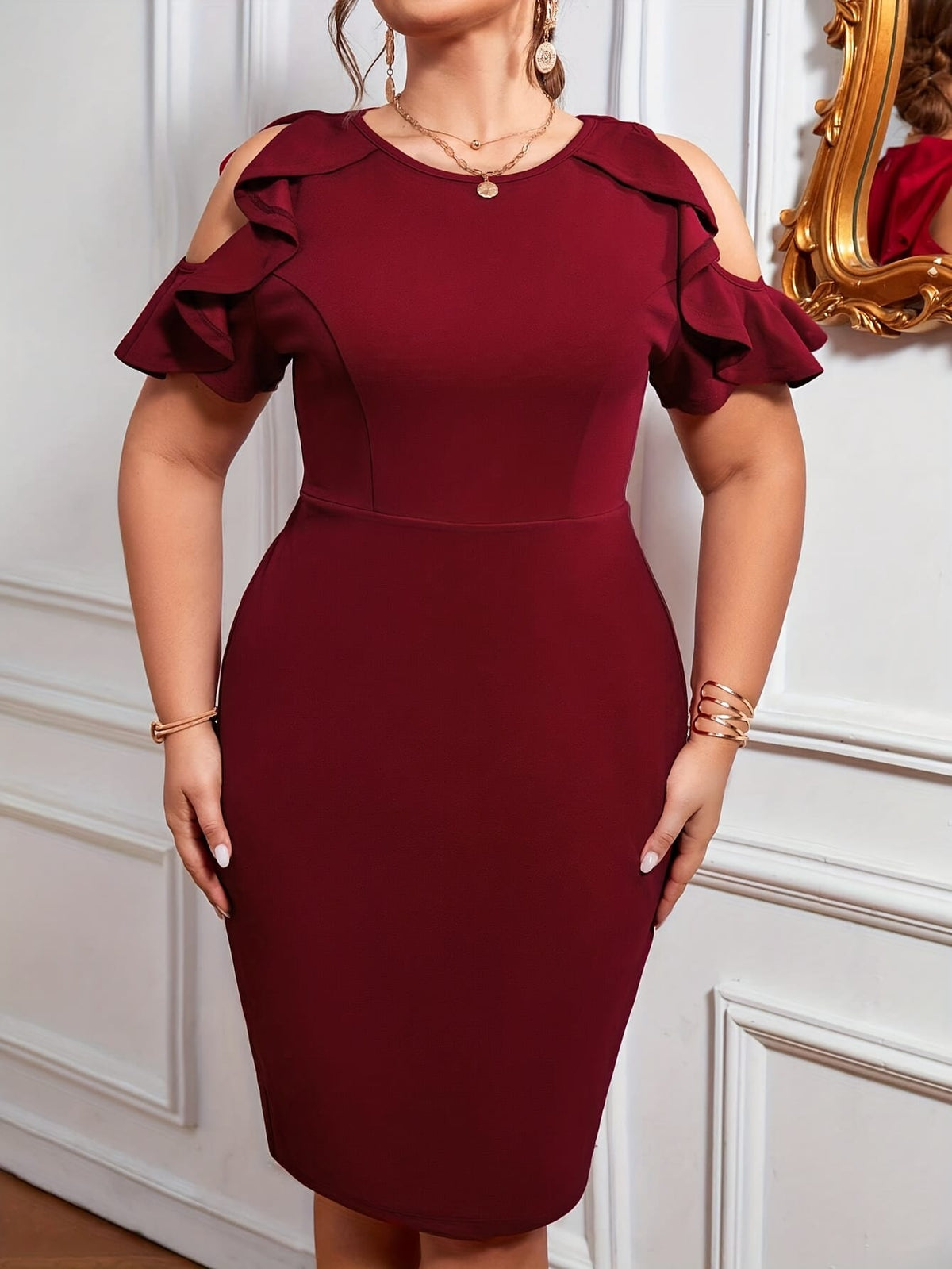 jkthpu-45 Women'S Plus Size Elegant Off-Shoulder Dress - Sexy & Stylish Pink Bodycon Midi with Ruffle Sleeves, Perfect for Evening Events, Plus Size Dress