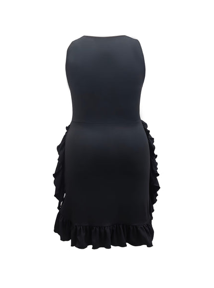 jkthpu-45 Women'S Plus Size Elegant Sleeveless Ruffle Mini Dress with Drawstring Detail - Non-Stretch, Solid Color, Polyester, Vacation Style, Short Length, All-Season Wear, Casual Elegance | Ruffle Detail Dress | Nonstretch Fabric