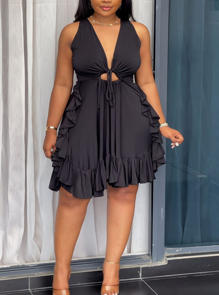 jkthpu-45 Women'S Plus Size Elegant Sleeveless Ruffle Mini Dress with Drawstring Detail - Non-Stretch, Solid Color, Polyester, Vacation Style, Short Length, All-Season Wear, Casual Elegance | Ruffle Detail Dress | Nonstretch Fabric