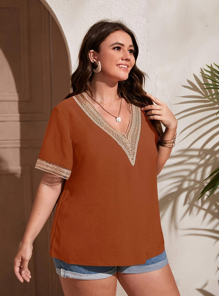 jkthpu-45 Women'S Plus Size Elegant V-Neck T-Shirt with Lace