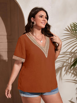 jkthpu-45 Women'S Plus Size Elegant V-Neck T-Shirt with Lace