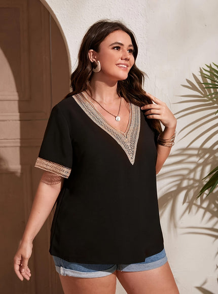 jkthpu-45 Women'S Plus Size Elegant V-Neck T-Shirt with Lace
