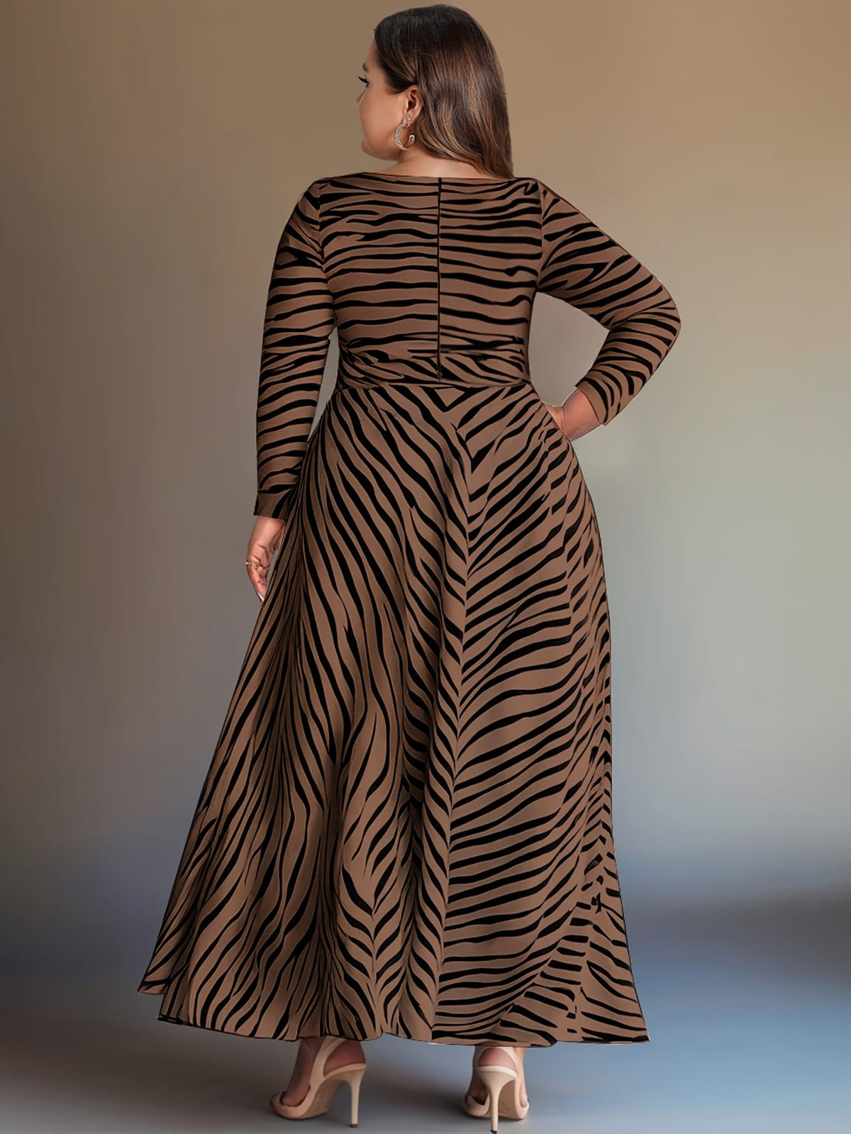 jkthpu-45 Women's Plus Size Elegant Zebra Print Knit Dress - Long Sleeve, Round Neck with Side Slit, Form-Fitting Maxi Dress for Business Casual or All Seasons, Occasion Versatile Dress | Flowing Silhouette | Polyester Fabric, Zebra Print Dress