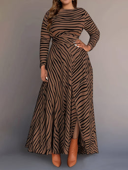 jkthpu-45 Women's Plus Size Elegant Zebra Print Knit Dress - Long Sleeve, Round Neck with Side Slit, Form-Fitting Maxi Dress for Business Casual or All Seasons, Occasion Versatile Dress | Flowing Silhouette | Polyester Fabric, Zebra Print Dress