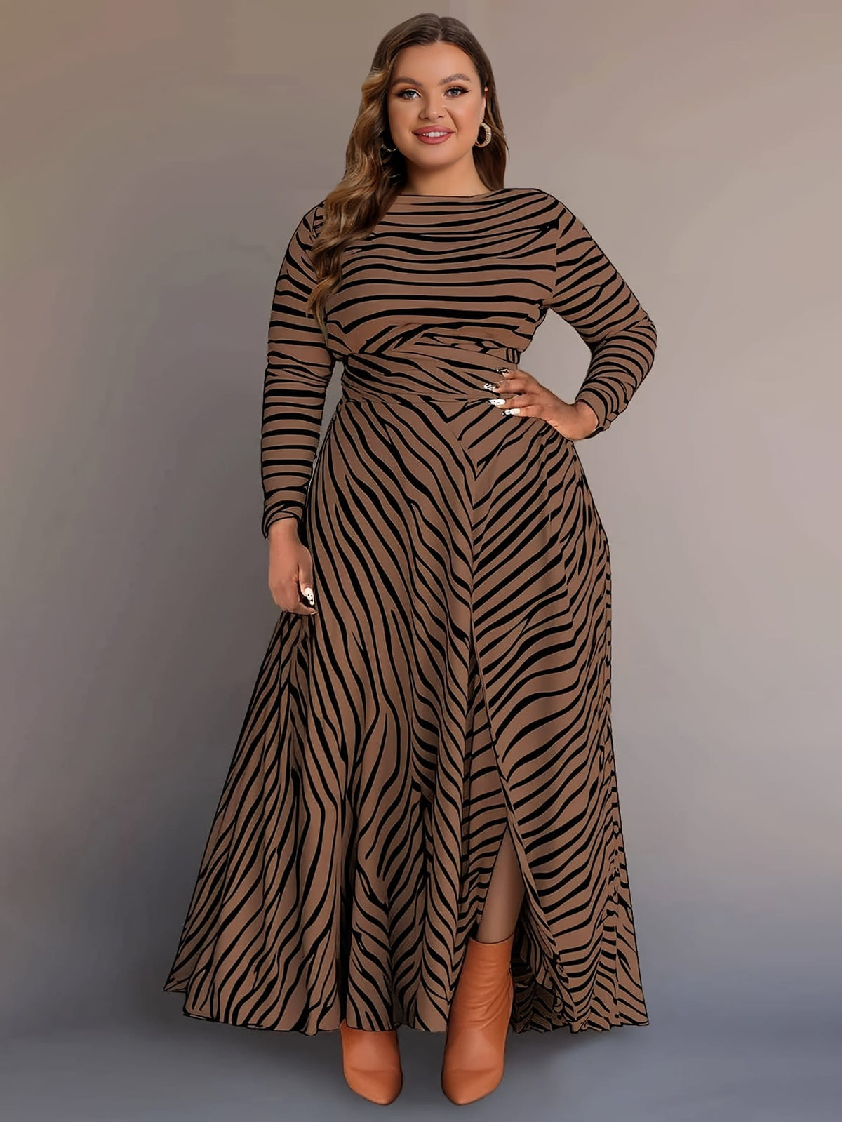 jkthpu-45 Women's Plus Size Elegant Zebra Print Knit Dress - Long Sleeve, Round Neck with Side Slit, Form-Fitting Maxi Dress for Business Casual or All Seasons, Occasion Versatile Dress | Flowing Silhouette | Polyester Fabric, Zebra Print Dress