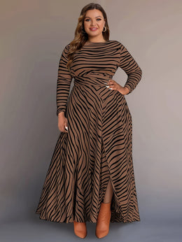 jkthpu-45 Women's Plus Size Elegant Zebra Print Knit Dress - Long Sleeve, Round Neck with Side Slit, Form-Fitting Maxi Dress for Business Casual or All Seasons, Occasion Versatile Dress | Flowing Silhouette | Polyester Fabric, Zebra Print Dress