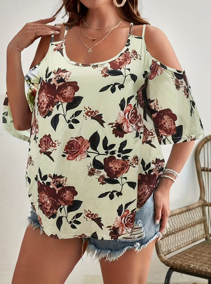 jkthpu-45 Women'S Plus Size Floral Off-Shoulder Top with Ruffle