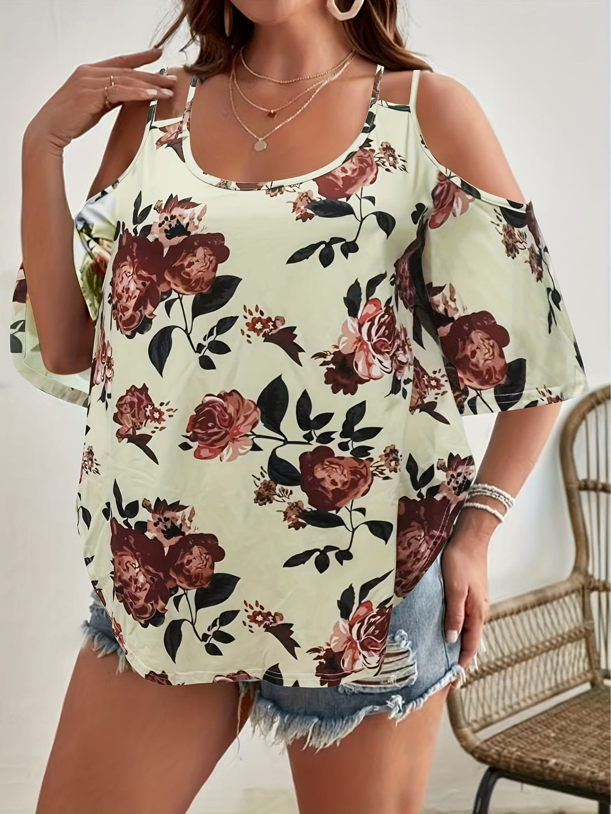 jkthpu-45 Women'S Plus Size Floral Off-Shoulder Top with Ruffle