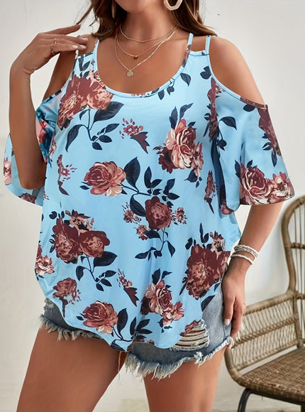 jkthpu-45 Women'S Plus Size Floral Off-Shoulder Top with Ruffle