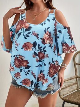 jkthpu-45 Women'S Plus Size Floral Off-Shoulder Top with Ruffle
