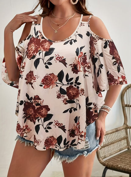 jkthpu-45 Women'S Plus Size Floral Off-Shoulder Top with Ruffle
