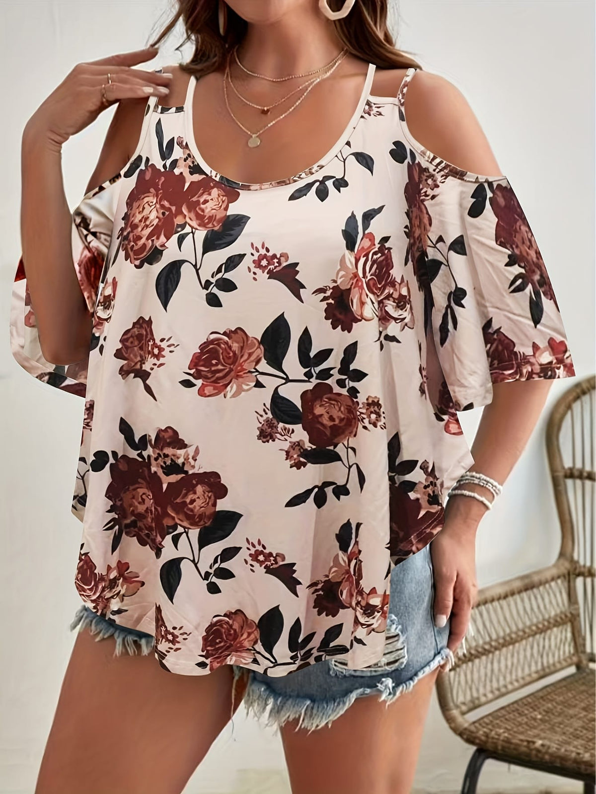 jkthpu-45 Women'S Plus Size Floral Off-Shoulder Top with Ruffle