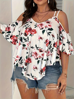 jkthpu-45 Women'S Plus Size Floral Off-Shoulder Top with Ruffle