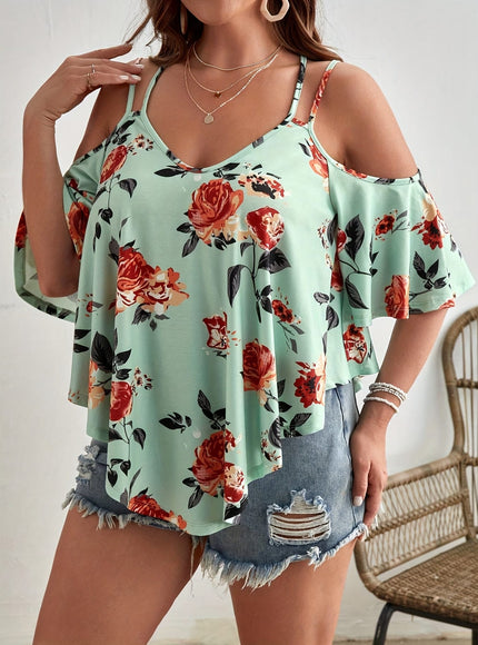 jkthpu-45 Women'S Plus Size Floral Off-Shoulder Top with Ruffle