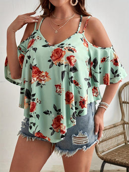 jkthpu-45 Women'S Plus Size Floral Off-Shoulder Top with Ruffle