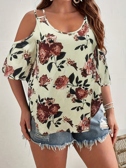 jkthpu-45 Women'S Plus Size Floral Off-Shoulder Top with Ruffle