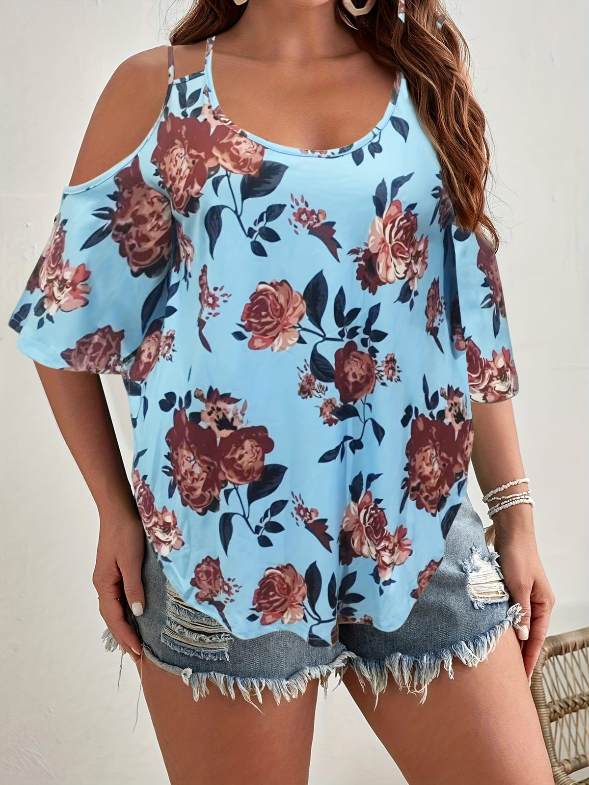 jkthpu-45 Women'S Plus Size Floral Off-Shoulder Top with Ruffle