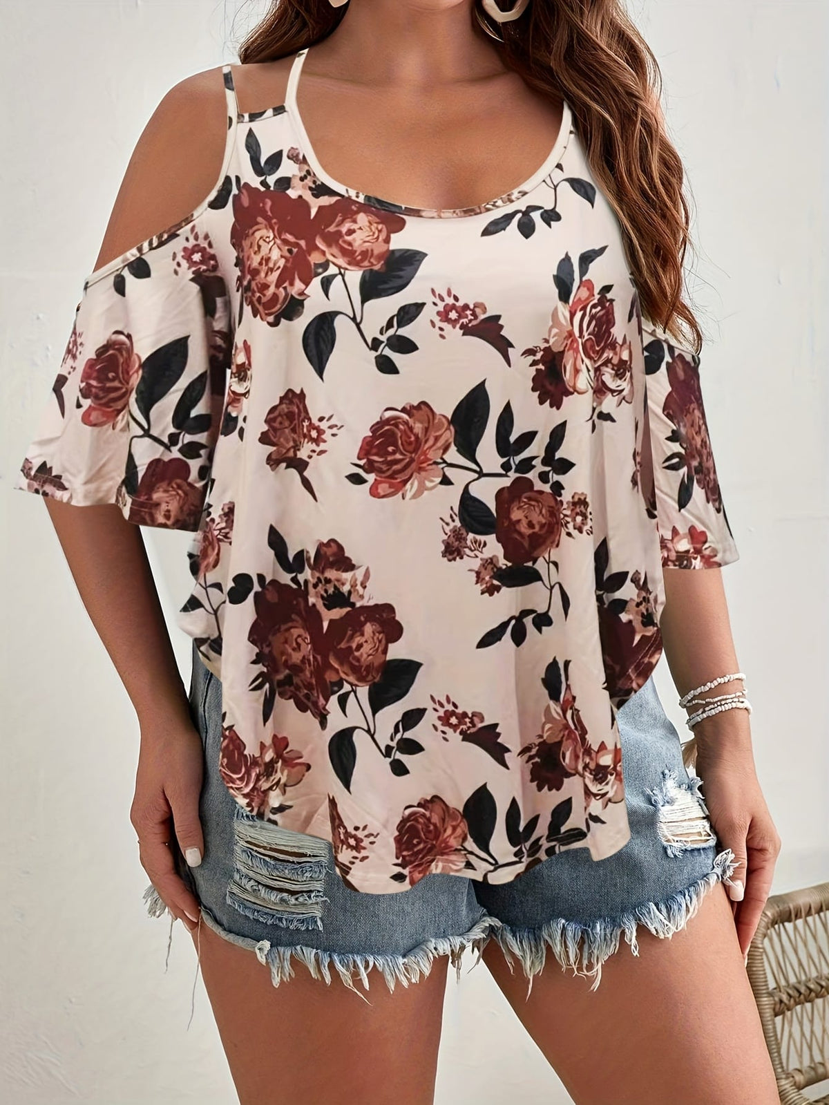 jkthpu-45 Women'S Plus Size Floral Off-Shoulder Top with Ruffle