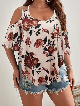 jkthpu-45 Women'S Plus Size Floral Off-Shoulder Top with Ruffle