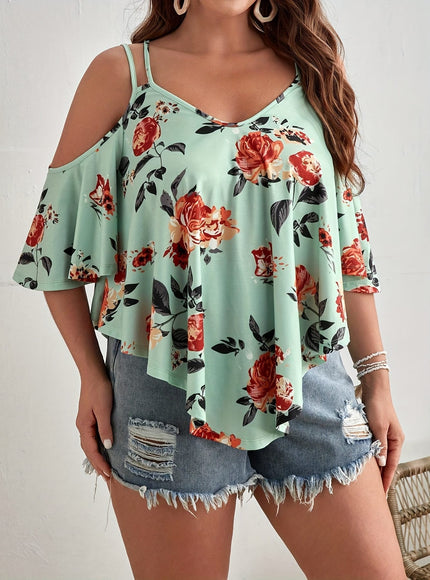 jkthpu-45 Women'S Plus Size Floral Off-Shoulder Top with Ruffle