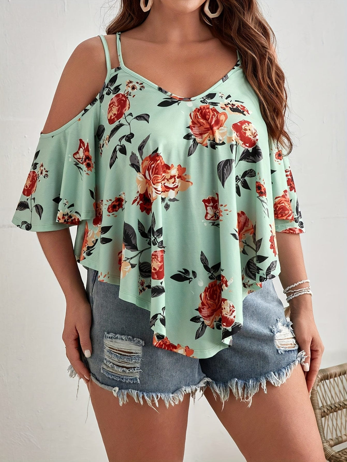 jkthpu-45 Women'S Plus Size Floral Off-Shoulder Top with Ruffle