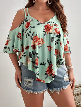 jkthpu-45 Women'S Plus Size Floral Off-Shoulder Top with Ruffle