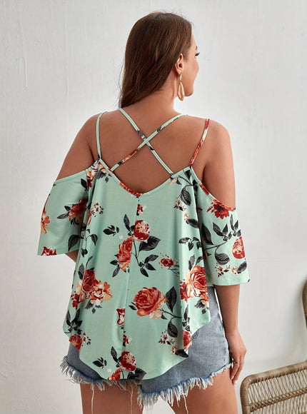 jkthpu-45 Women'S Plus Size Floral Off-Shoulder Top with Ruffle