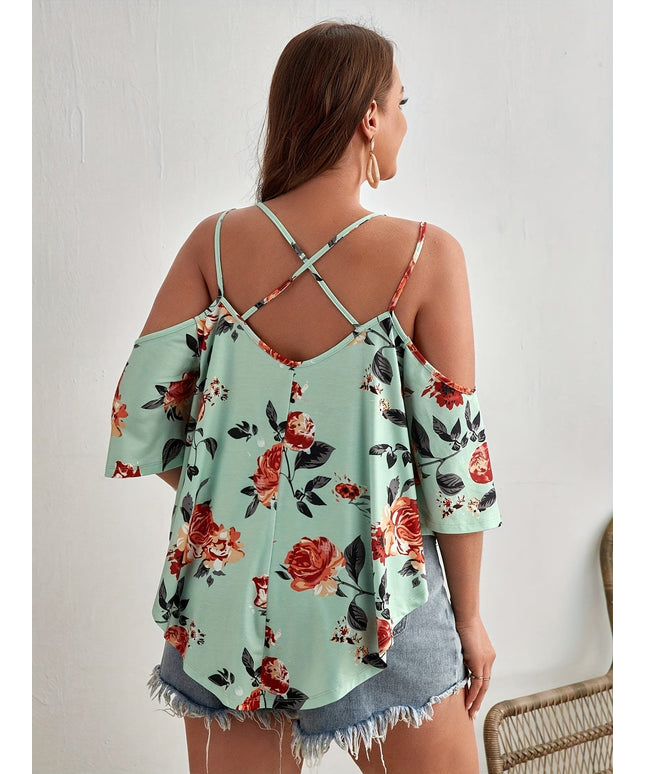 jkthpu-45 Women'S Plus Size Floral Off-Shoulder Top with Ruffle