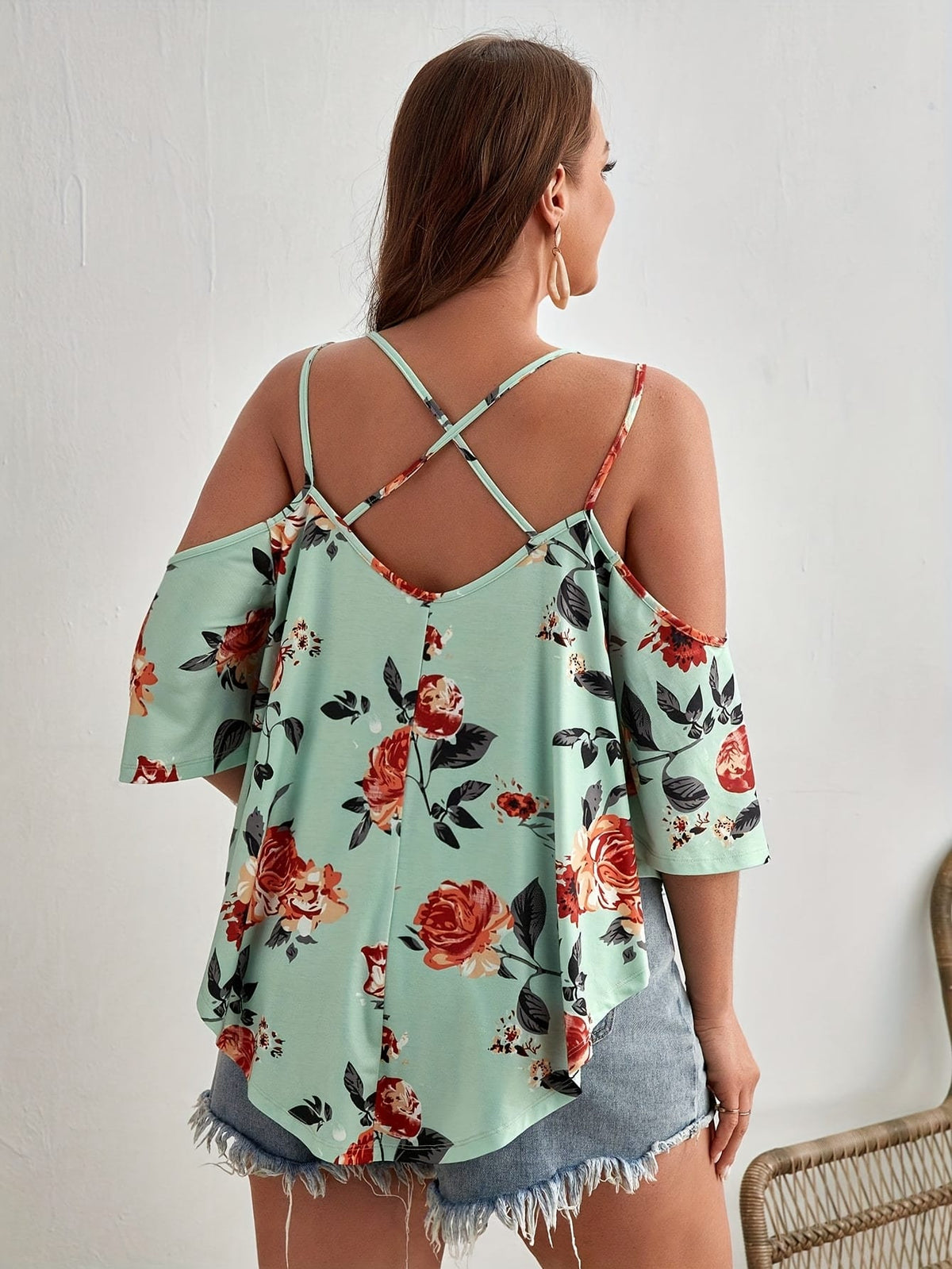 jkthpu-45 Women'S Plus Size Floral Off-Shoulder Top with Ruffle