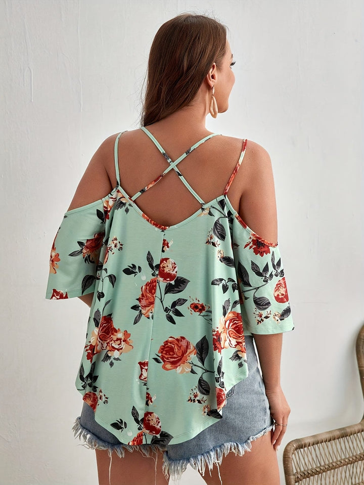 Women'S Plus Size Floral Off-Shoulder Top with Ruffle