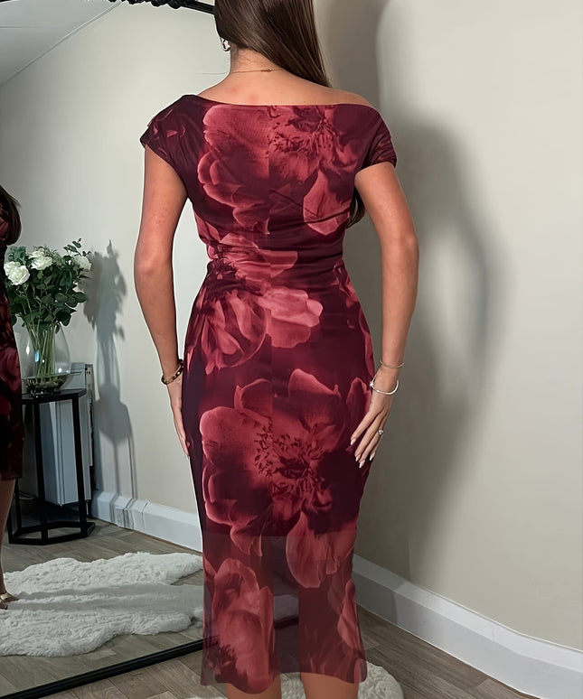 jkthpu-45 Women'S Plus Size Floral Print Off-Shoulder Dress - Elegant, Stretchy Bodycon Midi with Ruched Detail, Maroon with Pink & White Flowers, Perfect for Summer Casual or Formal Occasions, Summer Fashion | Ruched Detail Dress | Medium Stretch Fabric, Floral Pr