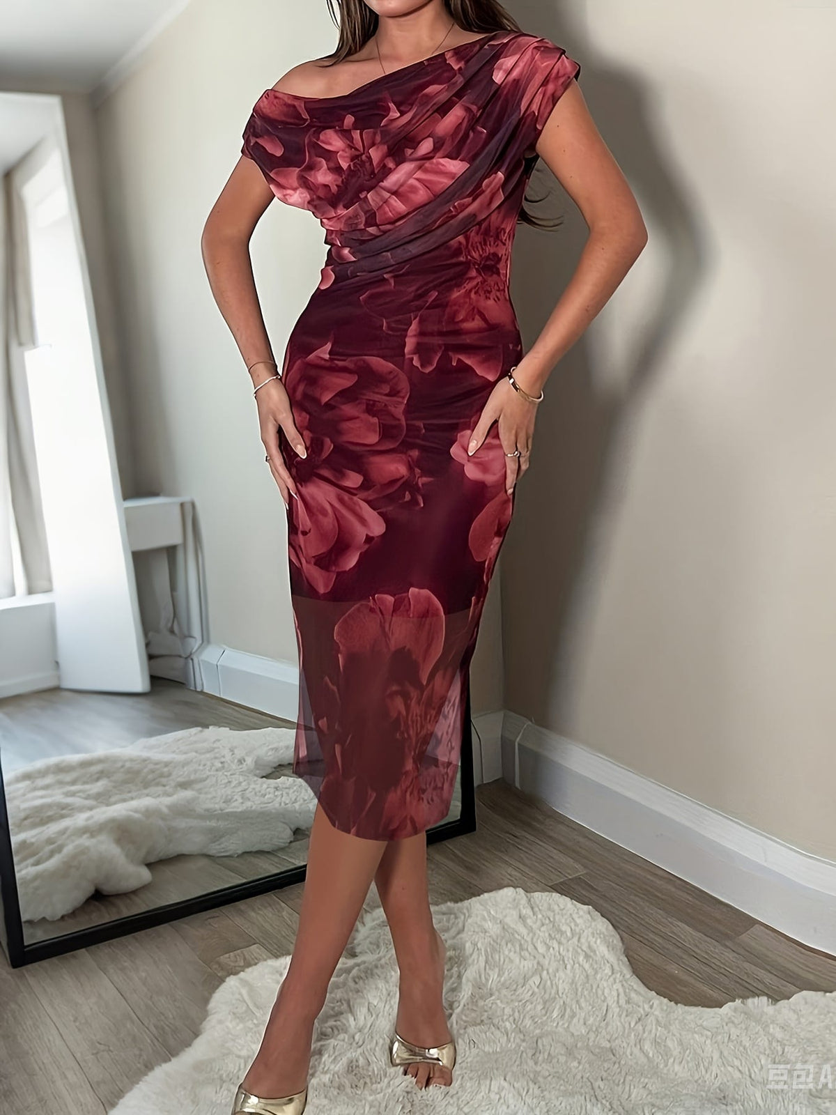 jkthpu-45 Women'S Plus Size Floral Print Off-Shoulder Dress - Elegant, Stretchy Bodycon Midi with Ruched Detail, Maroon with Pink & White Flowers, Perfect for Summer Casual or Formal Occasions, Summer Fashion | Ruched Detail Dress | Medium Stretch Fabric, Floral Pr