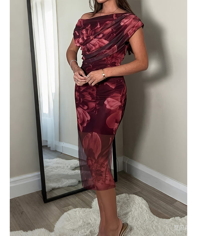 jkthpu-45 Women'S Plus Size Floral Print Off-Shoulder Dress - Elegant, Stretchy Bodycon Midi with Ruched Detail, Maroon with Pink & White Flowers, Perfect for Summer Casual or Formal Occasions, Summer Fashion | Ruched Detail Dress | Medium Stretch Fabric, Floral Pr
