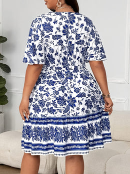 jkthpu-45 Women'S Plus Size Floral Print V-Neck Dress - Elegant Short Sleeve, Non-Stretch Polyester, Summer Beachwear with Cape, Blue & White Floral Pattern, Lightweight & Flowing, Casual Elegance | Summer Floral Dress | Vneck Dress