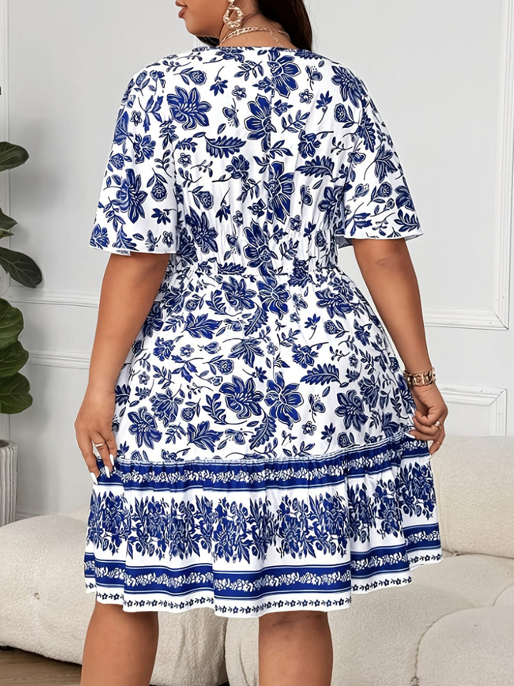 Women'S Plus Size Floral Print V-Neck Dress - Elegant Short Sleeve, Non-Stretch Polyester, Summer Beachwear with Cape, Blue & White Floral Pattern, Lightweight & Flowing, Casual Elegance | Summer Floral Dress | Vneck Dress