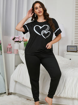 jkthpu-45 Women'S Plus Size Heart Print Pajama Set -