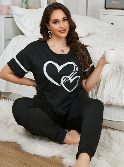 jkthpu-45 Women'S Plus Size Heart Print Pajama Set -