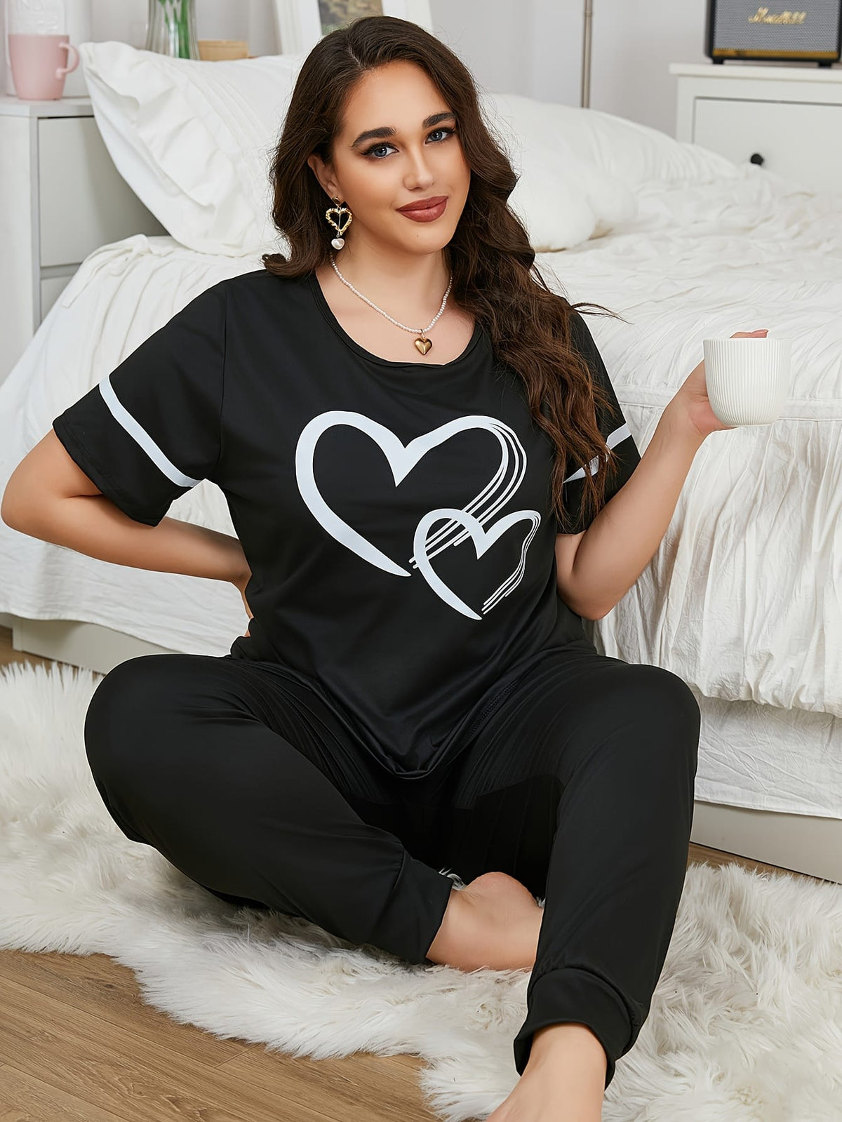 jkthpu-45 Women'S Plus Size Heart Print Pajama Set -
