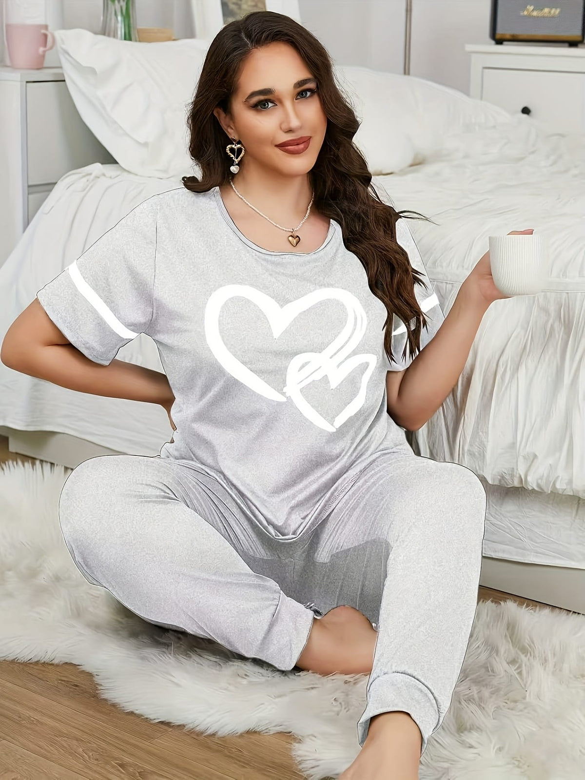 jkthpu-45 Women'S Plus Size Heart Print Pajama Set -
