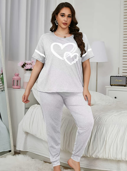 jkthpu-45 Women'S Plus Size Heart Print Pajama Set -