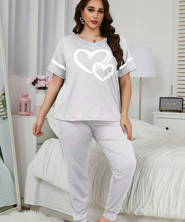 jkthpu-45 Women'S Plus Size Heart Print Pajama Set -