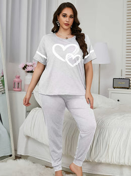 jkthpu-45 Women'S Plus Size Heart Print Pajama Set -