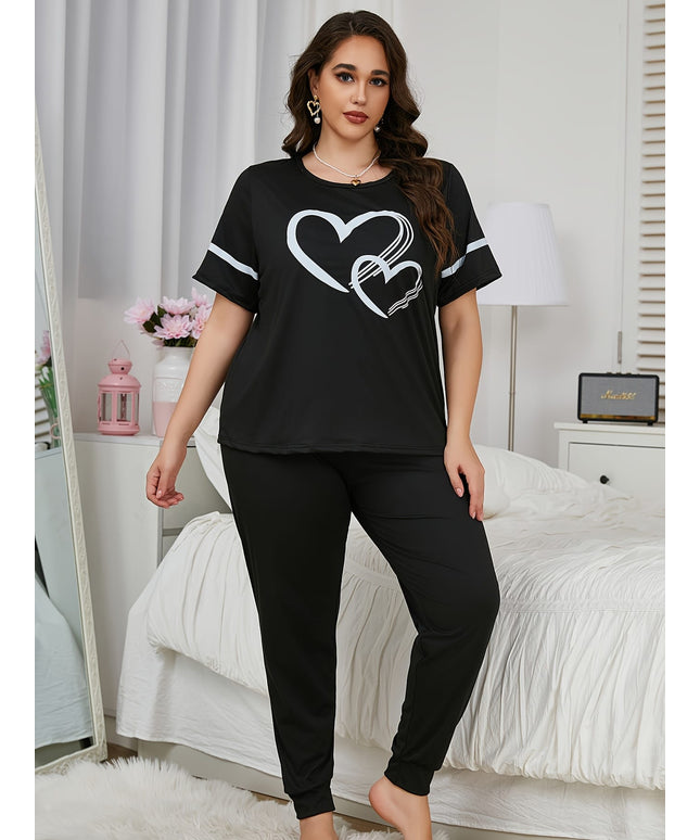 jkthpu-45 Women'S Plus Size Heart Print Pajama Set -